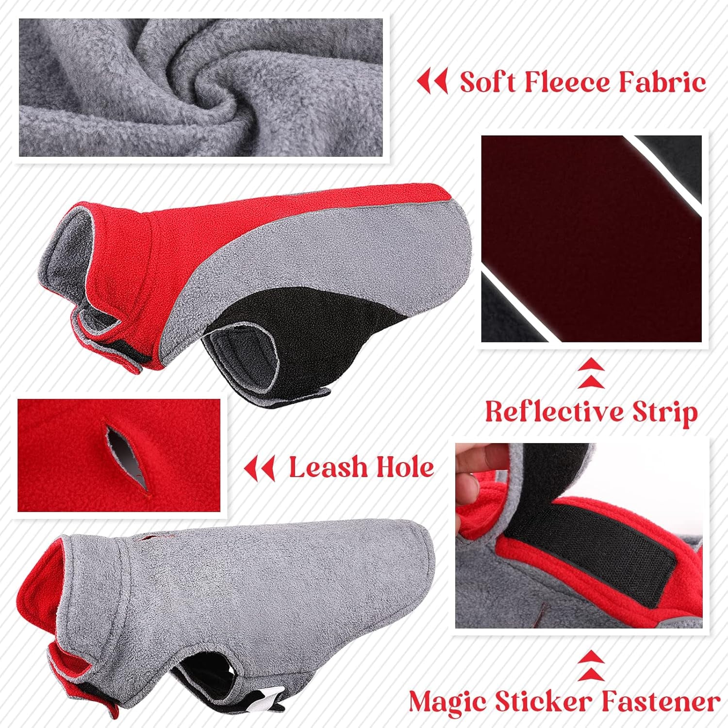 Fleece Dog Jacket, Apparel for Cold Weather, Reversible Soft Warm Dog Coat with Leash Hole, Safety Reflective Strap Adjustable Hook and Loop Puppy Clothes for Small Medium Large Pet (XS-3XL)