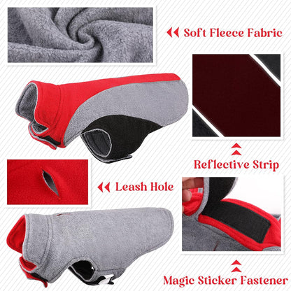 Fleece Dog Jacket, Apparel for Cold Weather, Reversible Soft Warm Dog Coat with Leash Hole, Safety Reflective Strap Adjustable Hook and Loop Puppy Clothes for Small Medium Large Pet (XS-3XL)