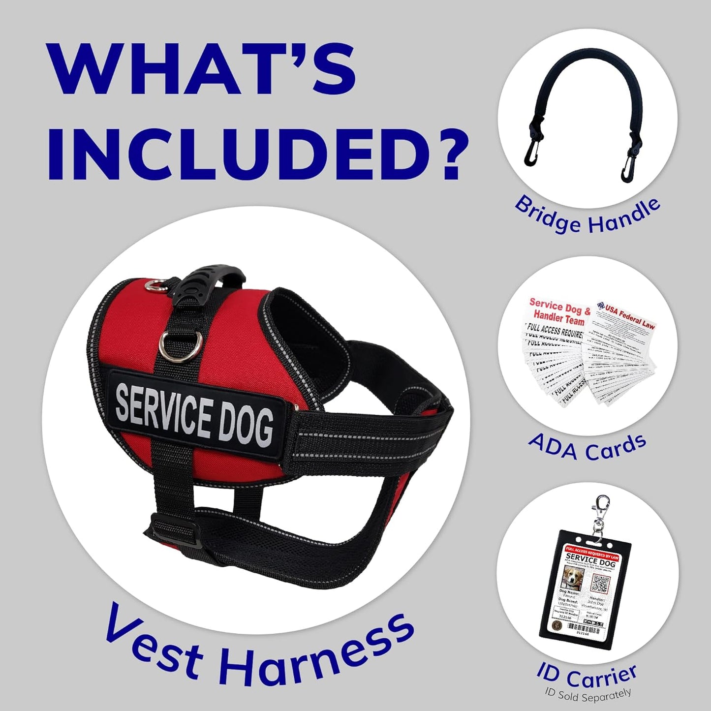 Activedogs Service Dog Vest Harness + Clip-On Bridge Sturdy Handle + ID Card Carrier + ADA Cards + Reflective Service Dog Patches - Extra Small Service Dog Harness Vest XS Dogs (Girth 16”-20”) Red