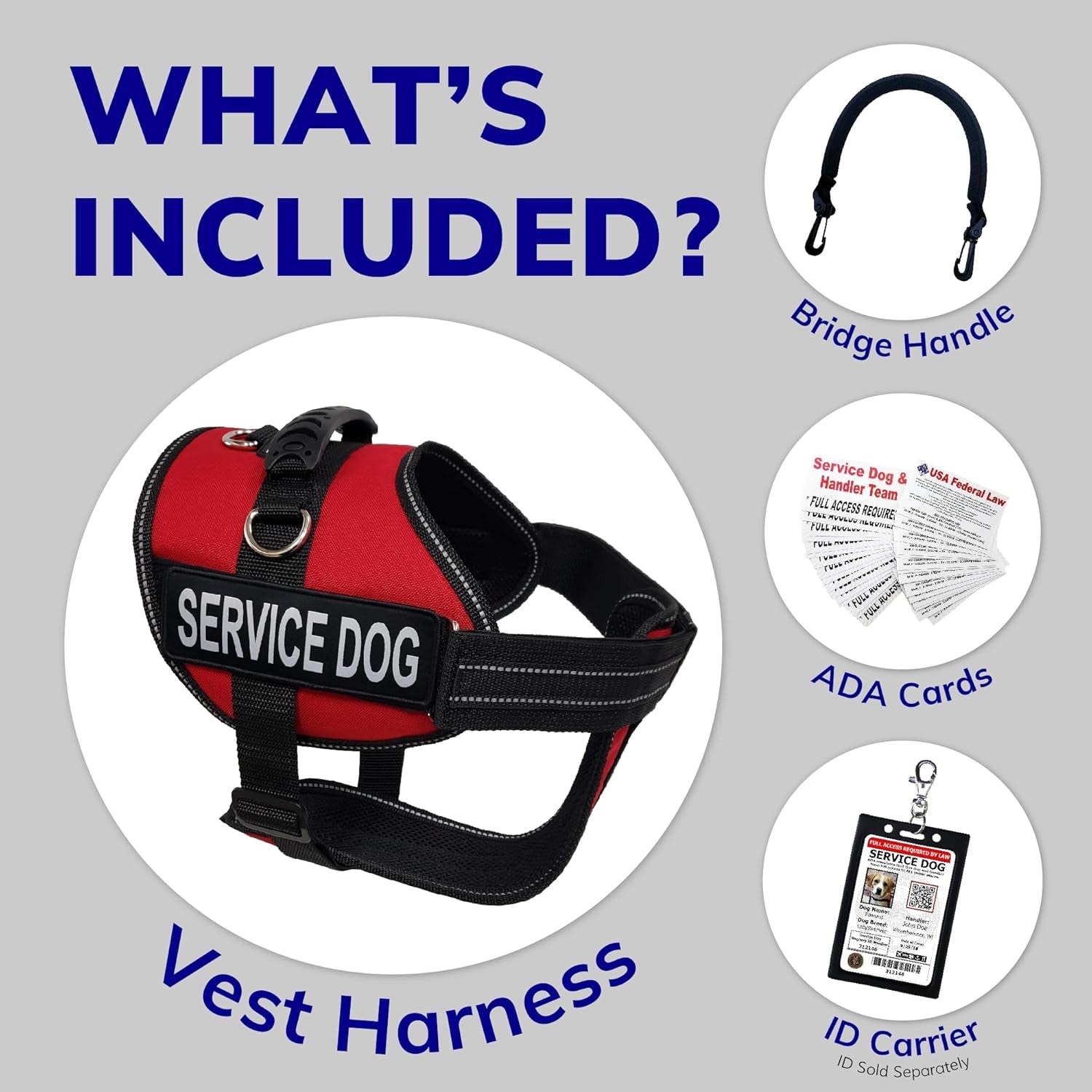 Activedogs Service Dog Vest Harness + Clip-On Bridge Sturdy Handle + ID Card Carrier + ADA Cards + Reflective Service Dog Patches - Extra Small Service Dog Harness Vest XS Dogs (Girth 16”-20”) Red