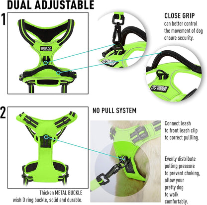 No Pull Dog Harness | Heavy-Duty Soft Padded Dog Vest | Adjustable Dog Vest Harness Harness for Dogs with 2 Leash Clips and Reflective Strips (Medium, Green)