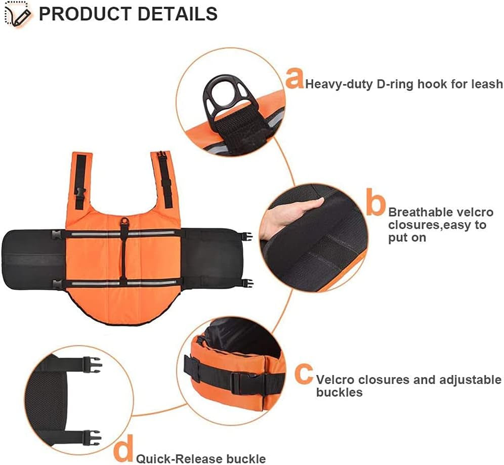 Dog Life Jacket,Adjustable Pet Safety Vest with Reflective Stripes,Swimming Coat for Small Medium Large Dogs(Orange, S)