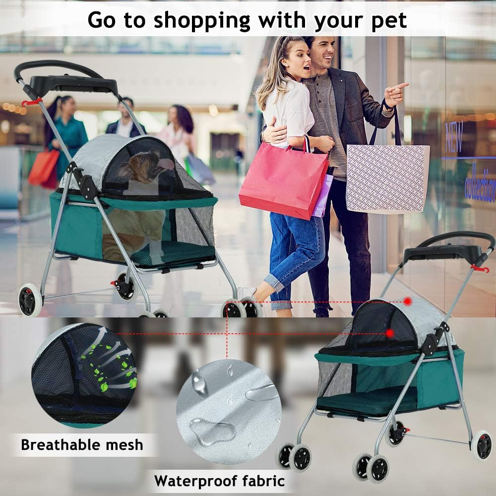 Dog Stroller Pet Stroller Cat Strollers Jogger Folding Travel Carrier Durable 4 Wheels Doggie Cage with Cup Holders 35Lbs Capacity Waterproof Puppy Strolling Cart for Small-Medium Dogs, Cats - Teal