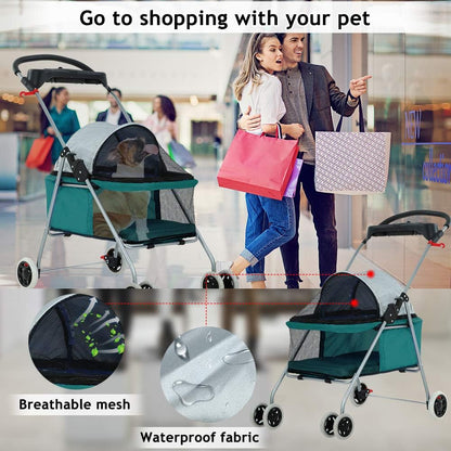 Dog Stroller Pet Stroller Cat Strollers Jogger Folding Travel Carrier Durable 4 Wheels Doggie Cage with Cup Holders 35Lbs Capacity Waterproof Puppy Strolling Cart for Small-Medium Dogs, Cats - Teal