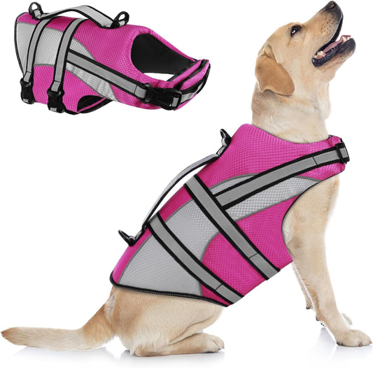 Ripstop Dog Life Jacket, Dog Life Vest with Superior Buoyancy Pet Swimming Safety Vest with Rescue Handle, Dog Float Coat Dog Life Preserver Lifesaver for Small Medium Large Dogs Pink XS