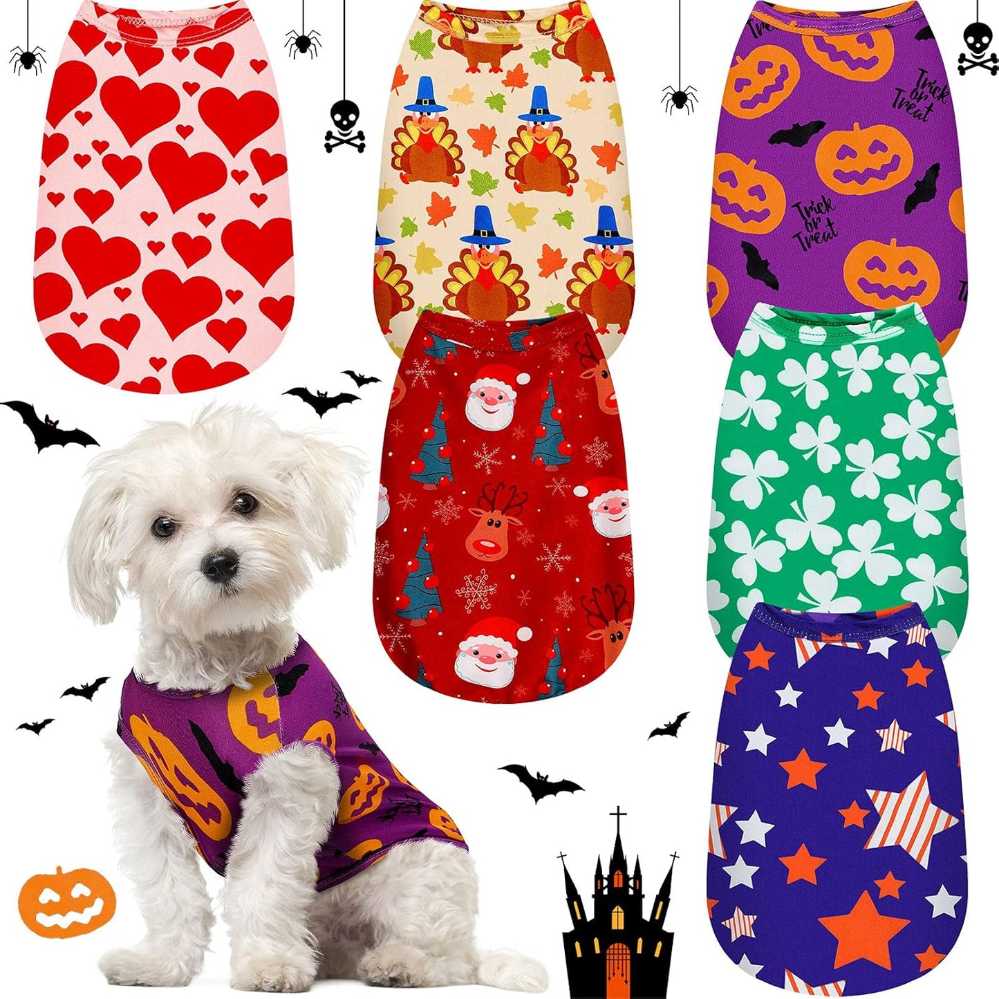 6 Pieces Holiday Dog Shirt Halloween Dog Clothes Thanksgiving Pet Clothes Seasonal Puppy Festival Vests Pet Shirts for Christmas(L(Fit 7-9Lbs))