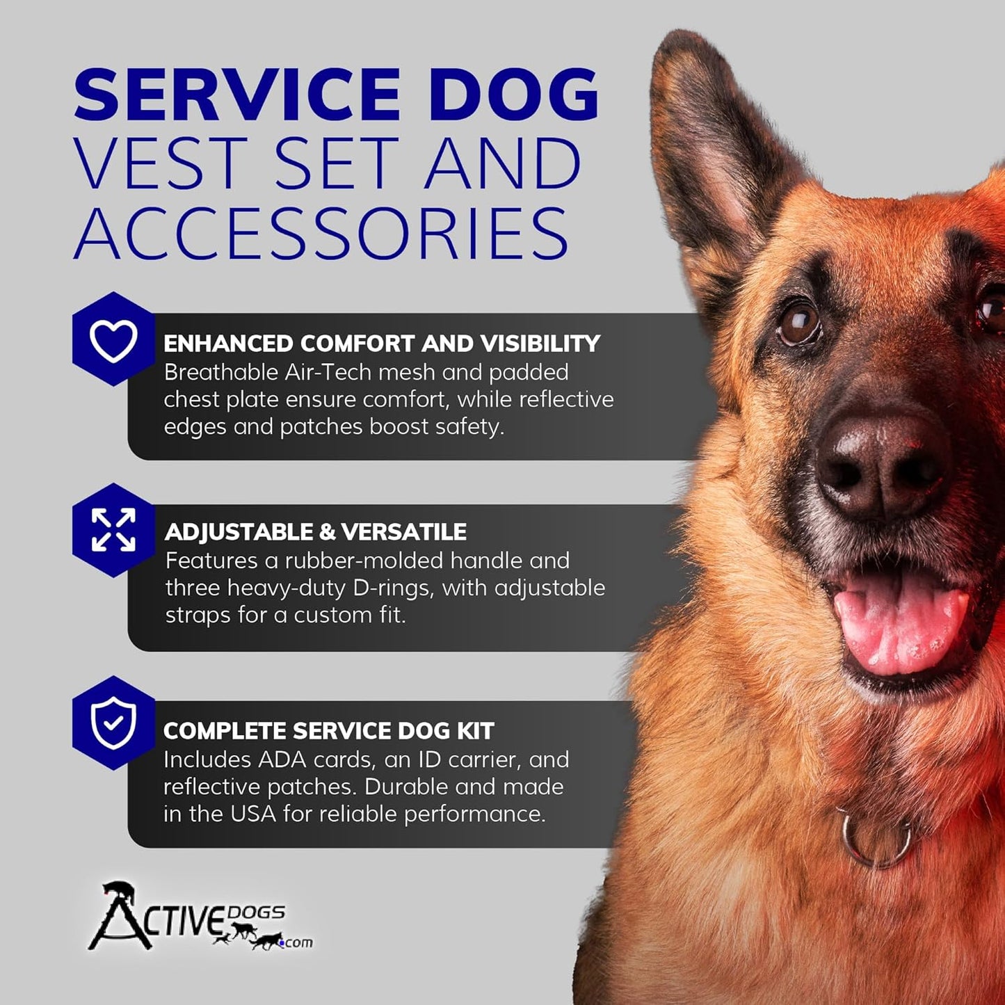 Activedogs Service Dog Vest Harness + Clip-On Bridge Sturdy Handle + ID Card Carrier + ADA Cards + Reflective Service Dog Patches - Extra Small Service Dog Harness Vest XS Dogs (Girth 16”-20”) Red