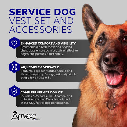 Activedogs Service Dog Vest Harness + Clip-On Bridge Sturdy Handle + ID Card Carrier + ADA Cards + Reflective Service Dog Patches - Extra Small Service Dog Harness Vest XS Dogs (Girth 16”-20”) Red
