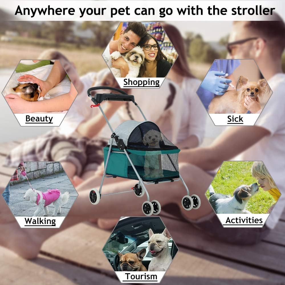 Dog Stroller Pet Stroller Cat Strollers Jogger Folding Travel Carrier Durable 4 Wheels Doggie Cage with Cup Holders 35Lbs Capacity Waterproof Puppy Strolling Cart for Small-Medium Dogs, Cats - Teal