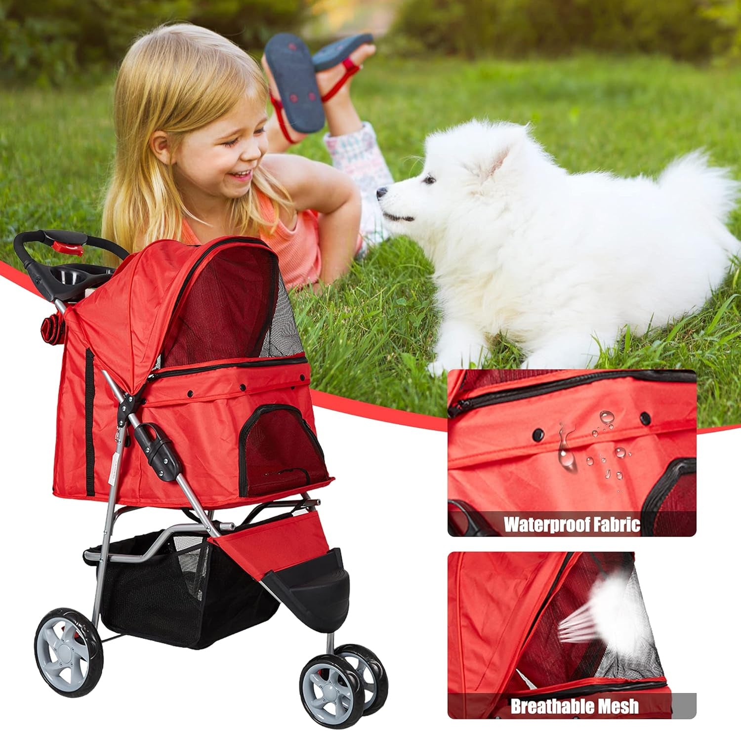 Folding Pet Stroller Elite Jogger Kitten Puppy Easy Walk Dog Cat Small Animals Travel Carrier with 360 Rotating Front Wheel Red