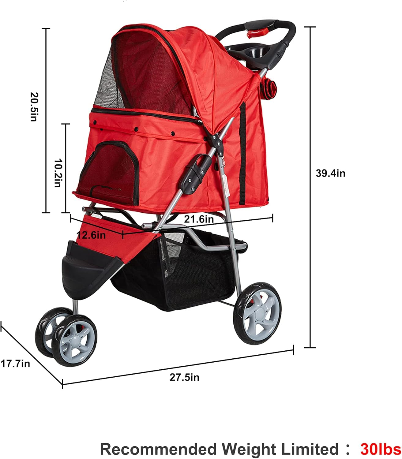 Folding Pet Stroller Elite Jogger Kitten Puppy Easy Walk Dog Cat Small Animals Travel Carrier with 360 Rotating Front Wheel Red