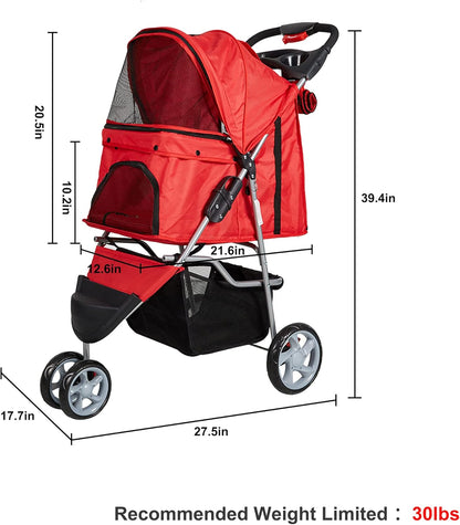 Folding Pet Stroller Elite Jogger Kitten Puppy Easy Walk Dog Cat Small Animals Travel Carrier with 360 Rotating Front Wheel Red