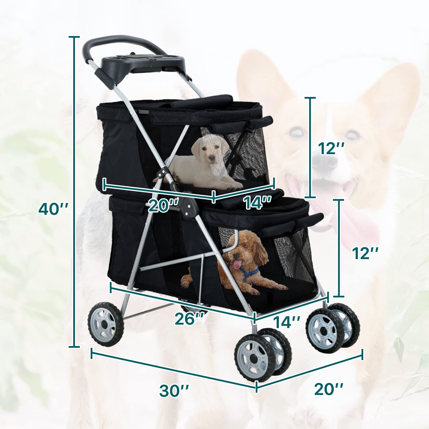 Double Pet Strollers for 2 Dogs and Cats 4 Wheel Doggie Small Medium Pets with Safety Belts Folding Portable Dog Cat Storage Basket Travel Jogger (Black), 30 X 19 40 Inch