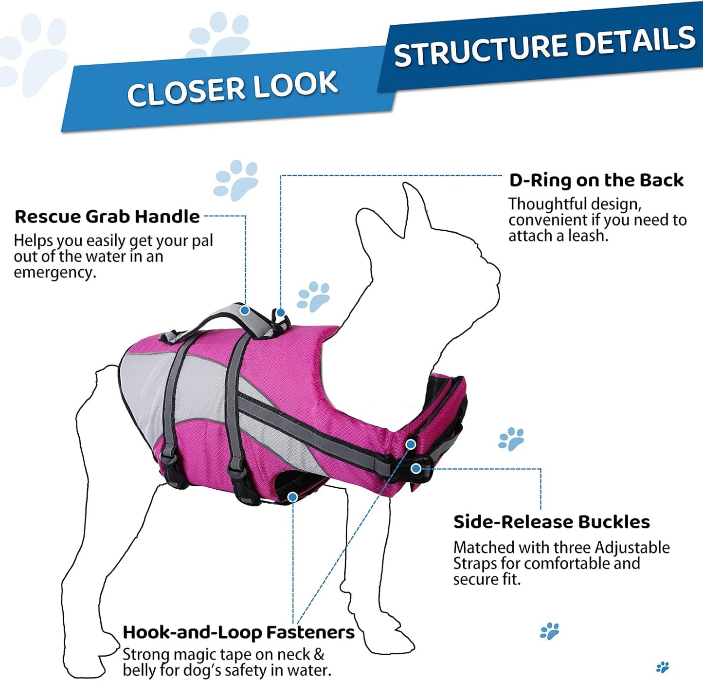 Ripstop Dog Life Jacket, Dog Life Vest with Superior Buoyancy Pet Swimming Safety Vest with Rescue Handle, Dog Float Coat Dog Life Preserver Lifesaver for Small Medium Large Dogs Pink XS