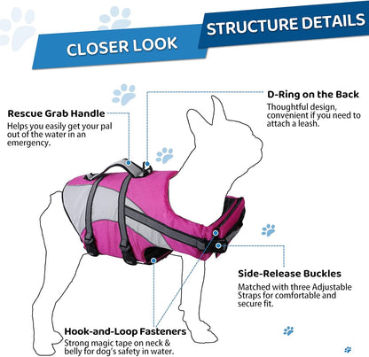 Ripstop Dog Life Jacket, Dog Life Vest with Superior Buoyancy Pet Swimming Safety Vest with Rescue Handle, Dog Float Coat Dog Life Preserver Lifesaver for Small Medium Large Dogs Pink XS