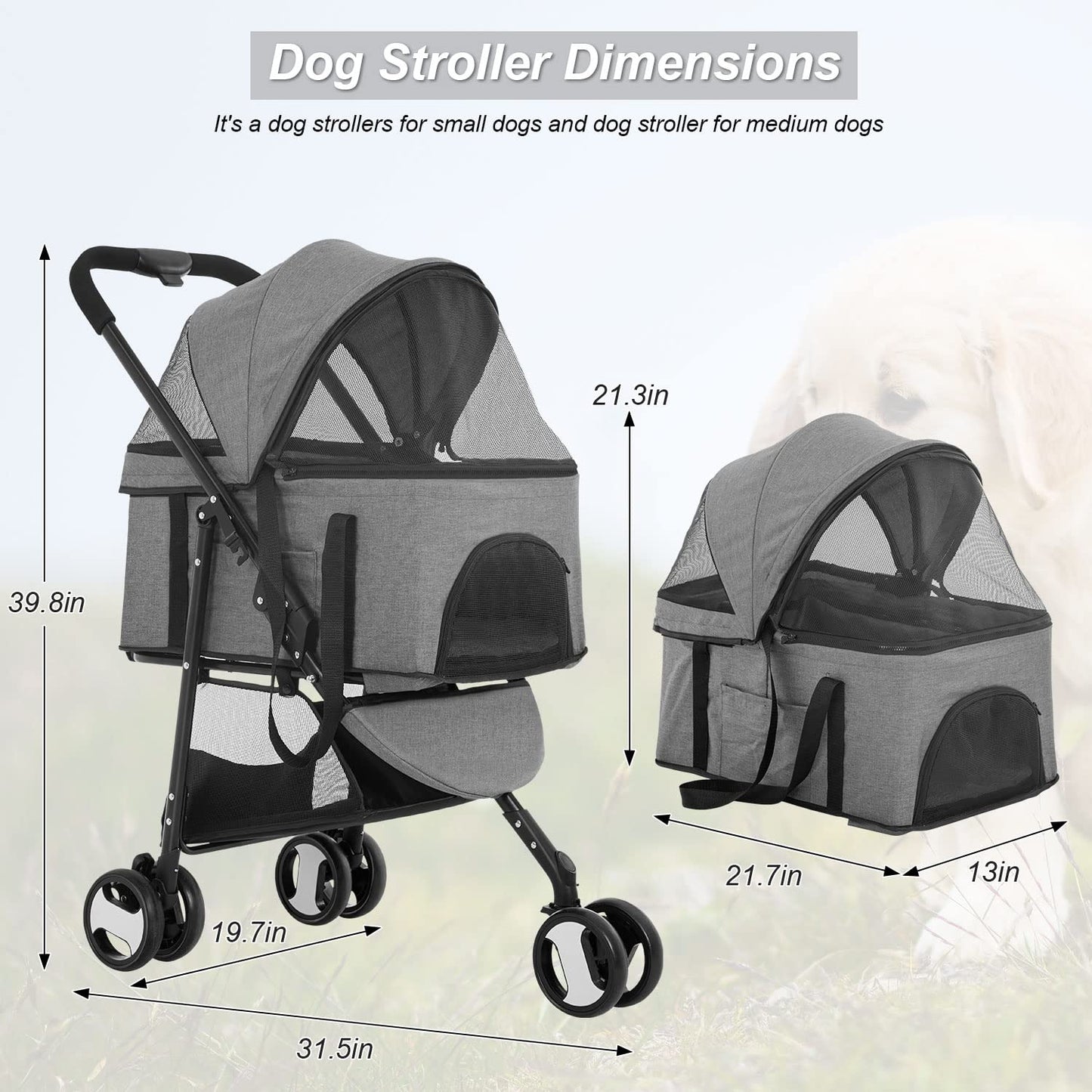 3 Wheels Pet Stroller Dog Cat Premium 3-In-1 Multifunction Stroller for Medium Small Dogs Cats Detachable Carrier Lightweight Folding Travel Stroller,Grey 15.0 Pounds 1.0 Count