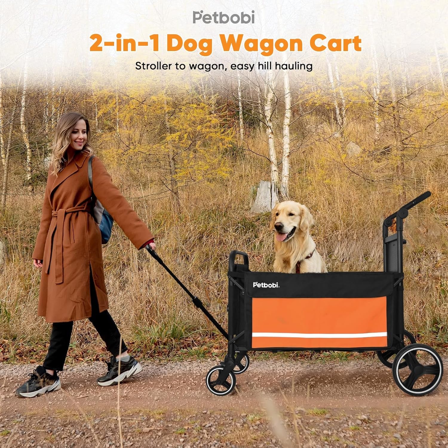 Pet Stroller for Large Dogs - Pullable All Terrain Wagon Cart, Folding Dog Stroller, One-Foot Brake Wagons with Ramp, Easy for Medium Senior Pets to Get in and Out, Ideal for Walking, Orange
