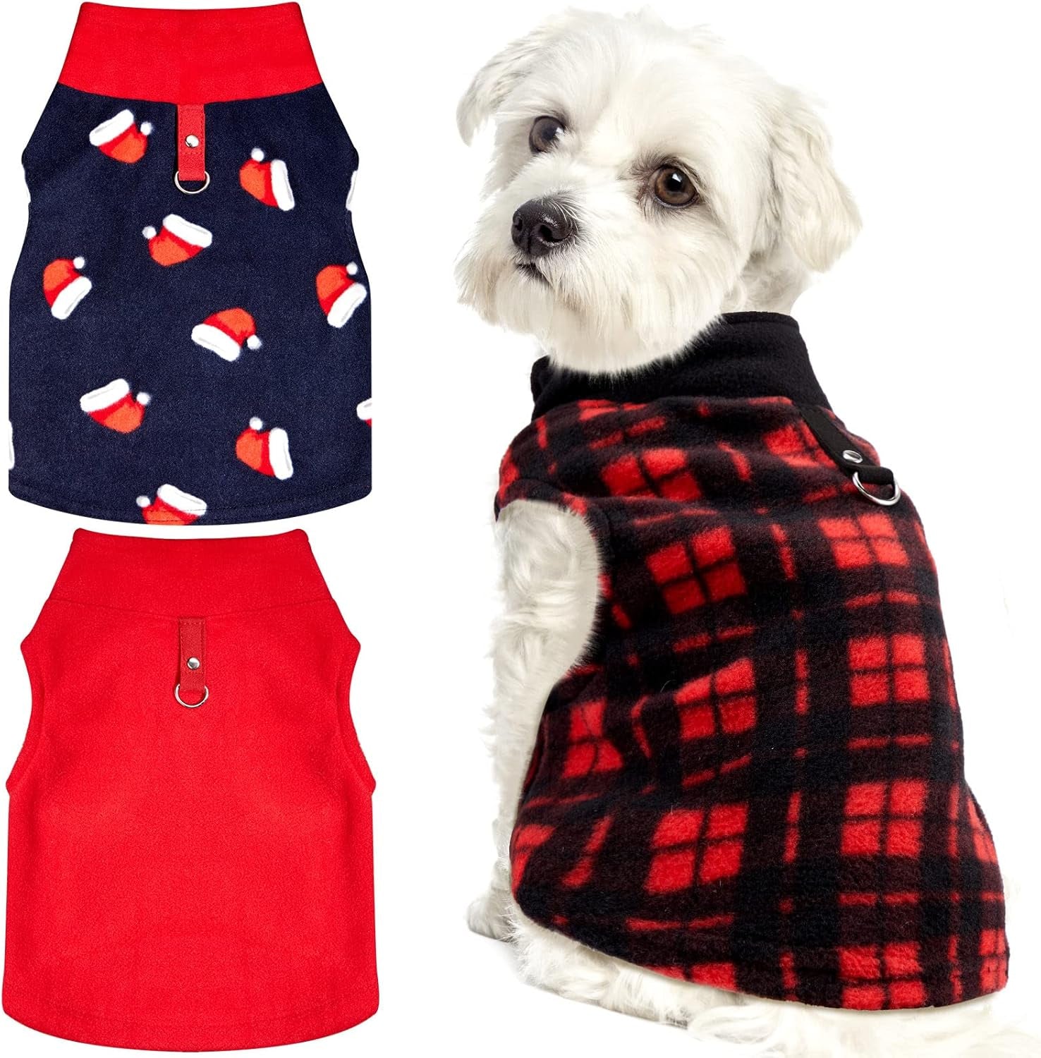 3 Pieces Christmas Small Medium Dog Sweater Pet Clothes with Leash Ring Soft Fleece Pullover Puppy Warm Sweaters Santa Hat Pattern Vest Xmas Red Plaid Winter Clothes for Cats (Medium)