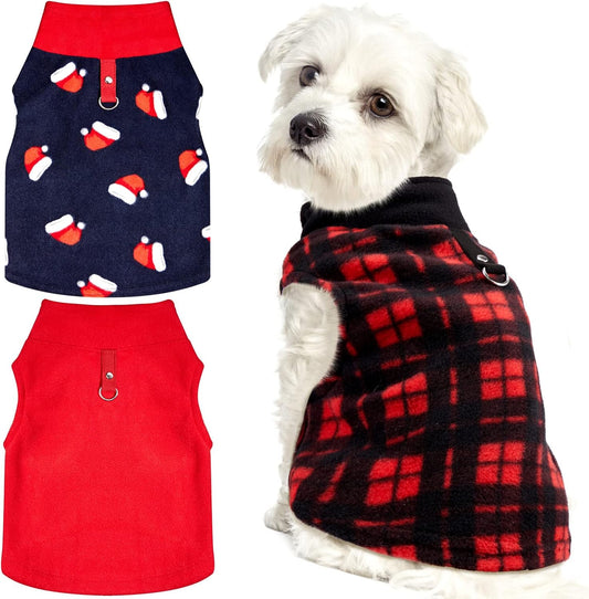 3 Pieces Christmas Small Medium Dog Sweater Pet Clothes with Leash Ring Soft Fleece Pullover Puppy Warm Sweaters Santa Hat Pattern Vest Xmas Red Plaid Winter Clothes for Cats (Medium)