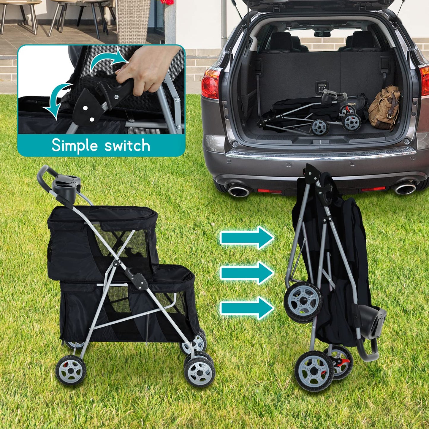 Double Pet Strollers for 2 Dogs and Cats 4 Wheel Doggie Small Medium Pets with Safety Belts Folding Portable Dog Cat Storage Basket Travel Jogger (Black), 30 X 19 40 Inch