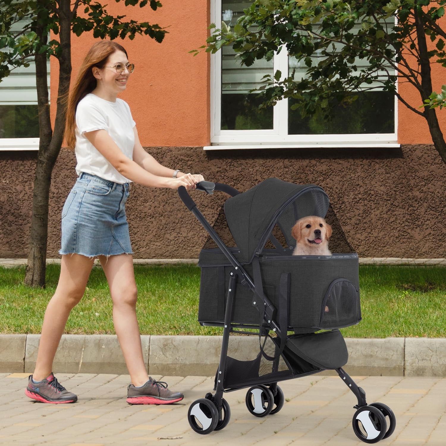 3-Wheels Multi-Function Pet Stroller - Lightweight Travel Jogging Stroller for Small and Medium-Sized Pets, Black
