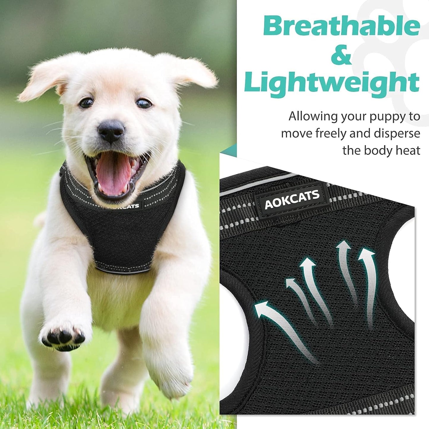 Small Dog Harness, Adjustable Puppy Harness, Soft Mesh Dog Harness for Small Dogs No Choke Dog Vest Harness Reflective Padded No Pull Dog Harness for Puppy Small Medium Dog Walking, Black, M