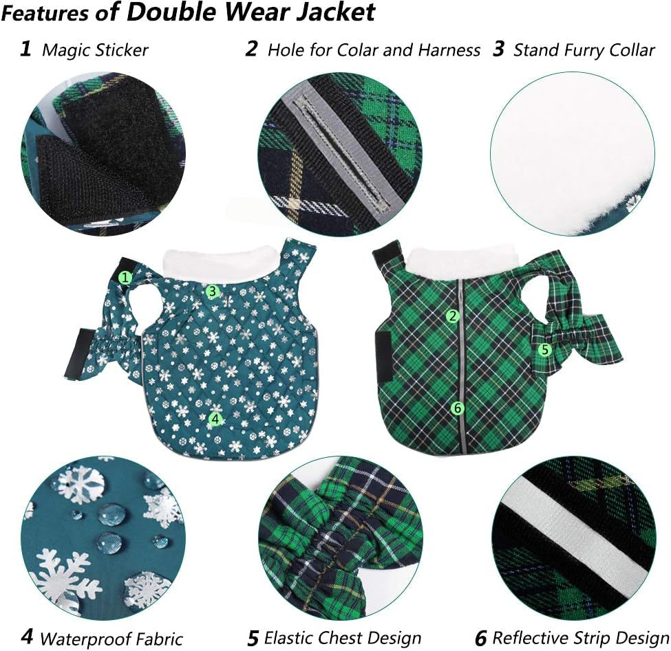 Reversible Dog Winter Coat with Furry Collar, Reflective Waterproof Dog Cold Weather Vest Jacket British Style Plaid Dogs Warm Clothes Small Medium Large Dogs Costume for Indoor/Outdoor Use