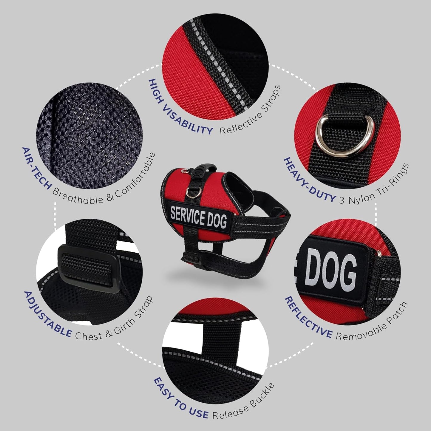 Activedogs Service Dog Vest Harness + Clip-On Bridge Sturdy Handle + ID Card Carrier + ADA Cards + Reflective Service Dog Patches - Extra Small Service Dog Harness Vest XS Dogs (Girth 16”-20”) Red